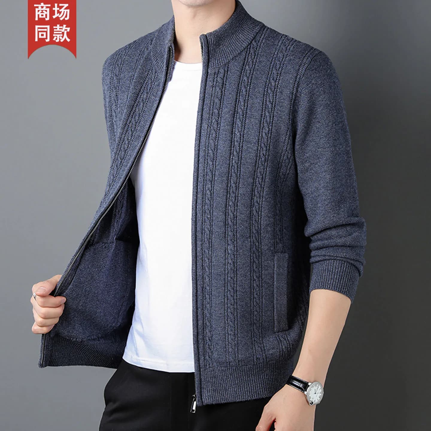 100% cashmere sweater men's casual stand-up collar zipper cardigan fashionable knitted jacket