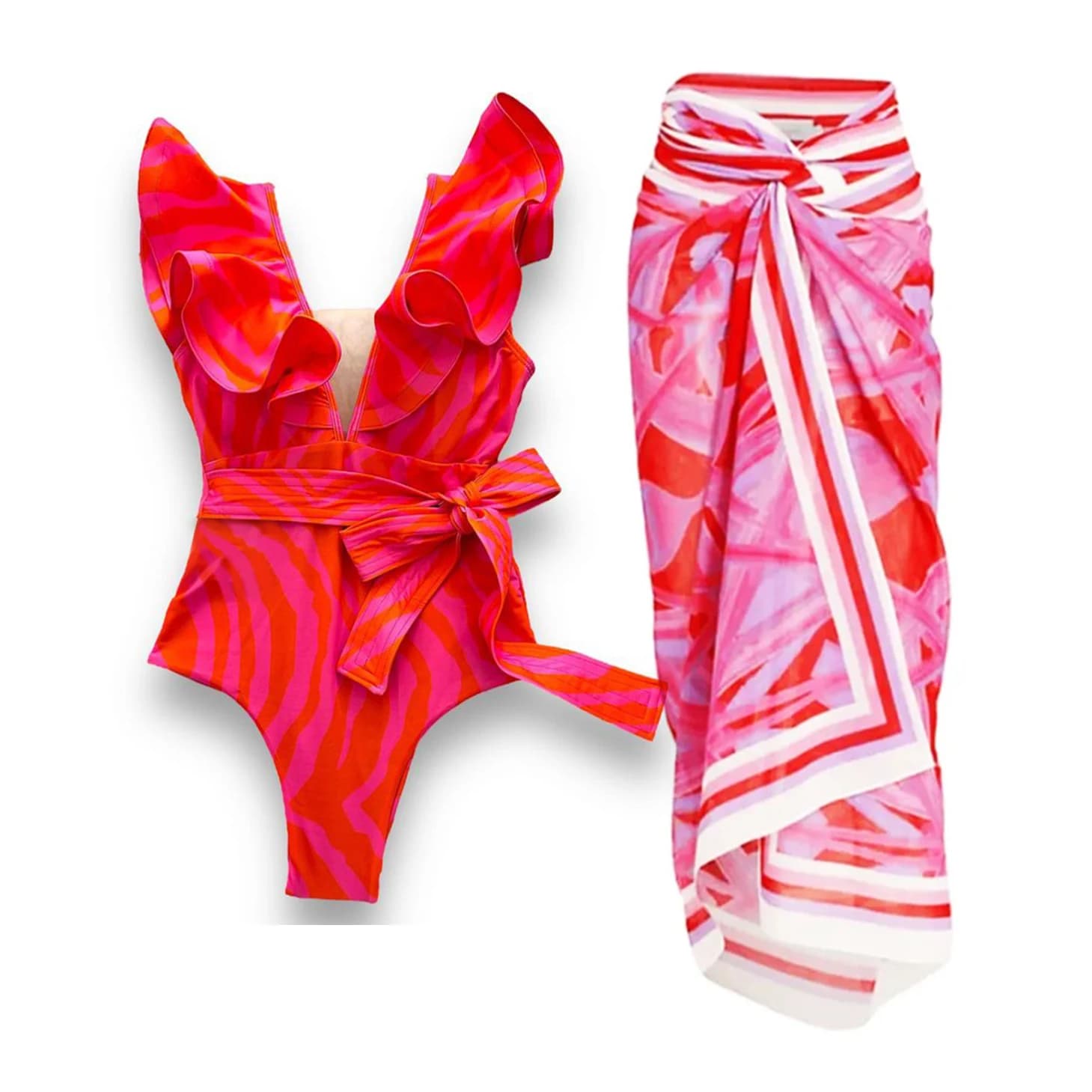 Costume da bagno intero con stampa retrò con copricostume sexy Costumi da bagno da donna con volant Costumi da bagno con scollo a V profondo Cintura Body da spiaggia
