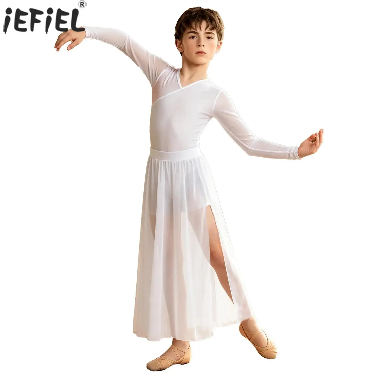 Completo da ballo lirico per bambini e ragazzi, body da ginnastica a maniche lunghe con pantaloni in rete a spacco, per pattinaggio artistico, danza latina e tango