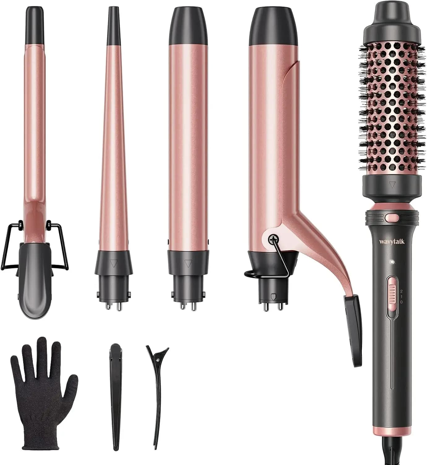 Set Ferro Arricciacapelli in Ceramica 5-in-1 con Bacchette Intercambiabili (0,35"-1,25"), Riscaldamento Istantaneo, Doppia Tensione per Styling Versatile