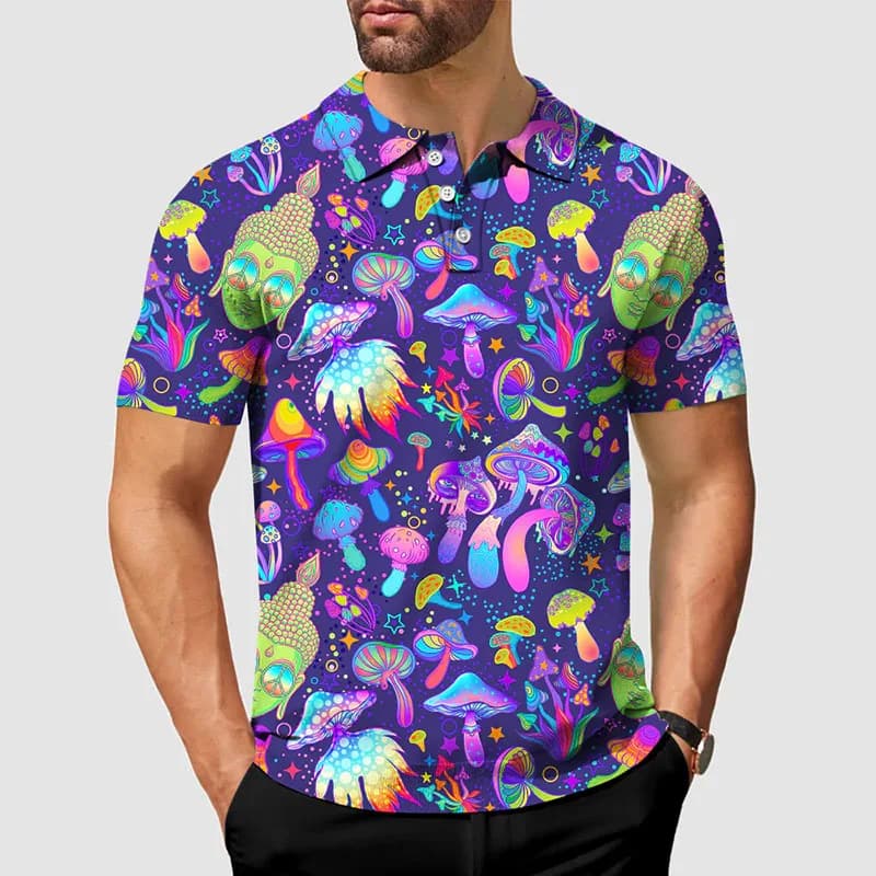 Magic Mushrooms Golf Polo Shirt Men Sport Clothes Soft Breathable Shirts 3D Print Colorful Graffiti Harajuku Street New Blouse