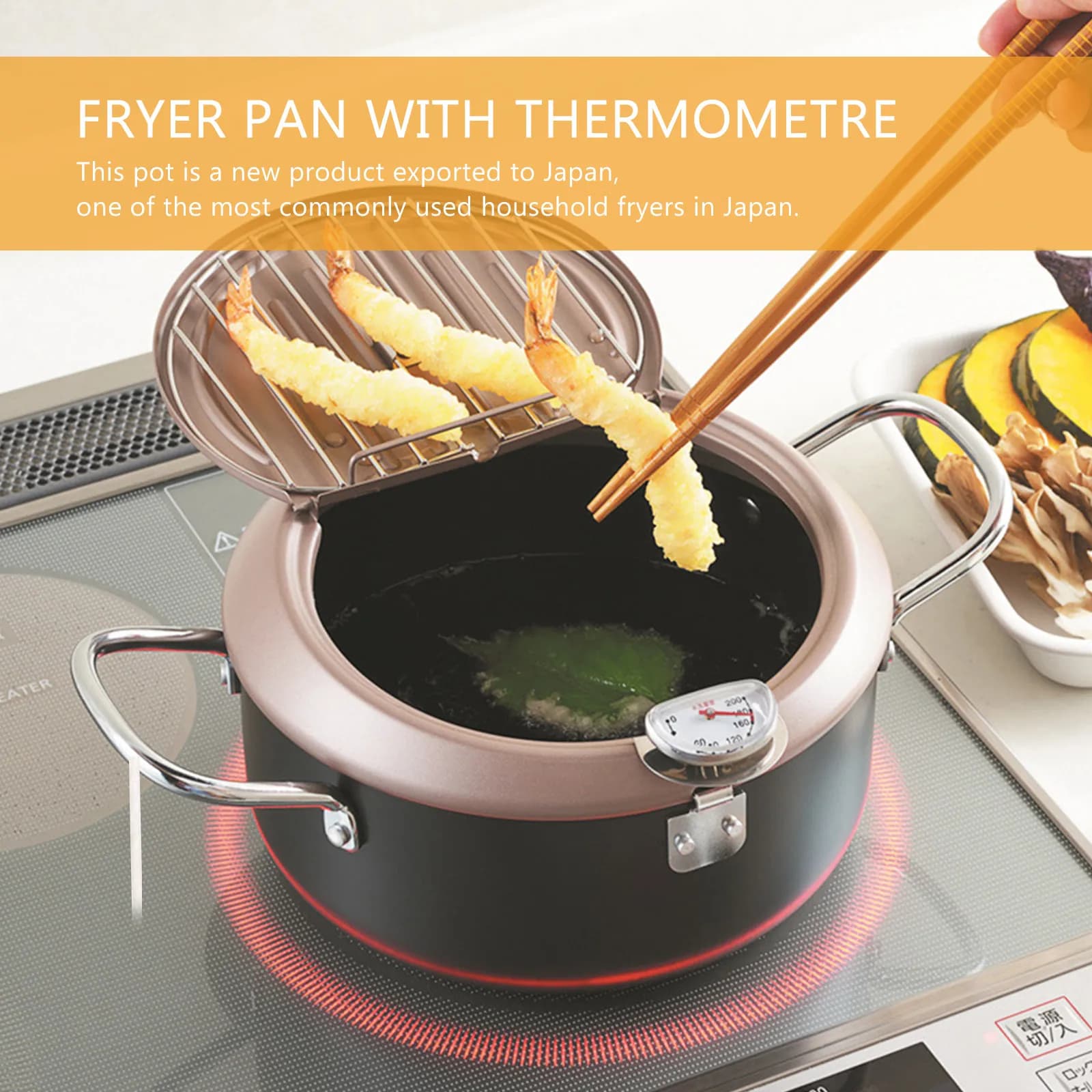 20Cm Japanese Style Frying Pot with Thermometer, Tempura Plate with Oil Cover and Filter, Kitchen Tools