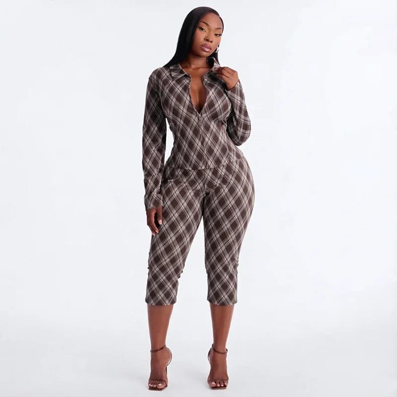 Fashion Plaid Print Slim Fit 2 Piece Set Women Turn Down Collar Full Sleeve Zipper Jacket Tops + Calf Length Pants Casual Suits