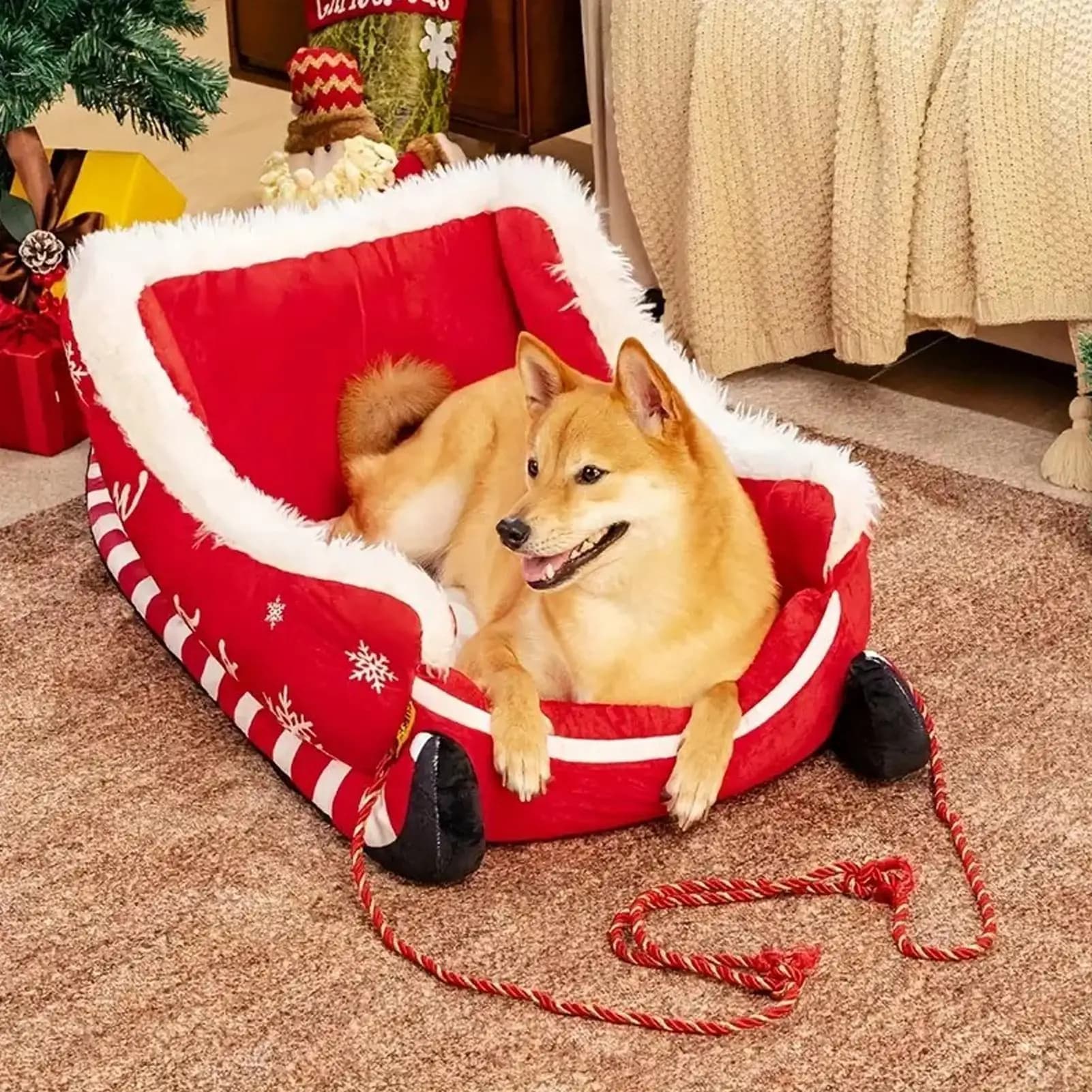 S/M Tappetino per lettino per cani caldo per interni caldo con base antiscivolo Letto per cani lavabile Slitta natalizia Calda casa per cani e gatti
