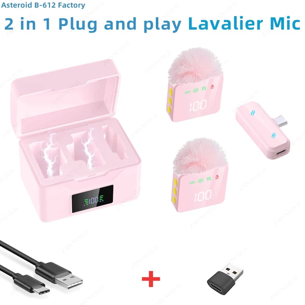 Pink Black Tone Wireless Lavalier Mic 2Pack Noise Cancelling Charging Case USB Adapter Earphone Wind Muff LED for iPhone Android