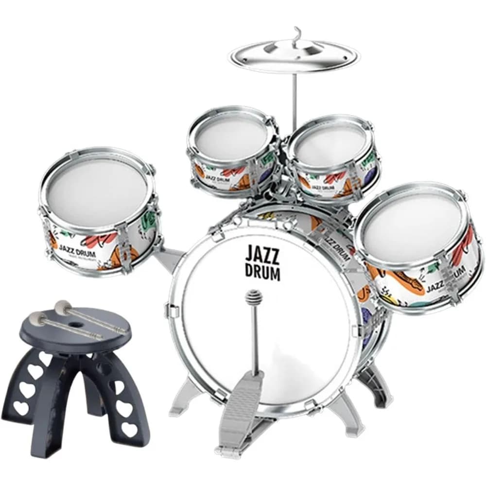 Set di batteria per bambini Kit di batteria jazz per bambini Giocattoli con sgabello Pedale Strumenti musicali a percussione Giocattolo per batteria Regalo per l'educazione precoce per ragazzi