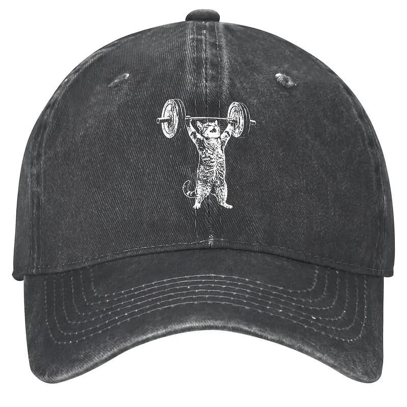 Cappellino da baseball con grafica gatto sollevatore di pesi, in cotone lavato, regolabile con chiusura snapback, unisex