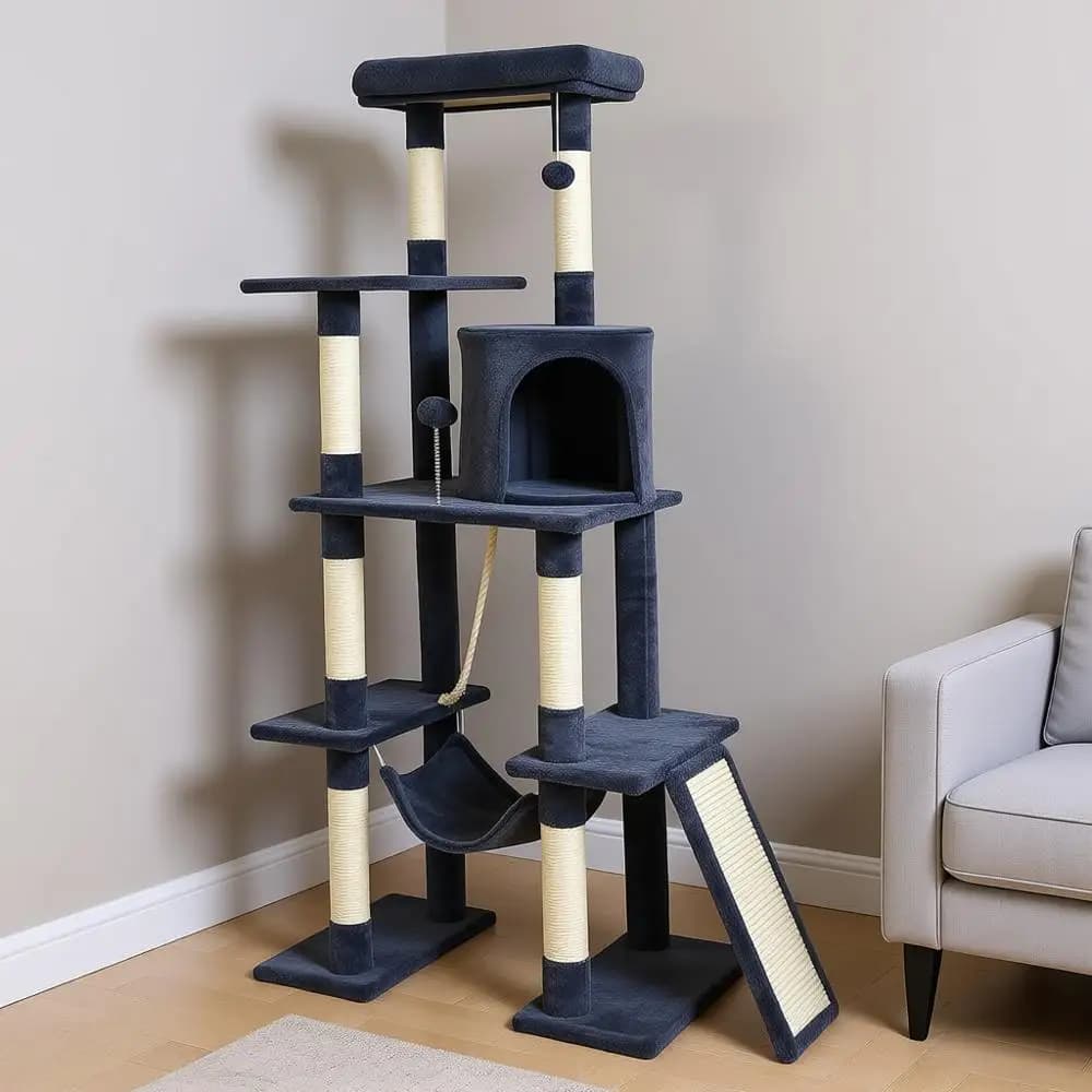 Torre per Gatti Multi-Livello Alta 165 cm con Tiragraffi Rivestiti in Sisal, Cuccia, Amaca, Pallina Sospesa, Grigio