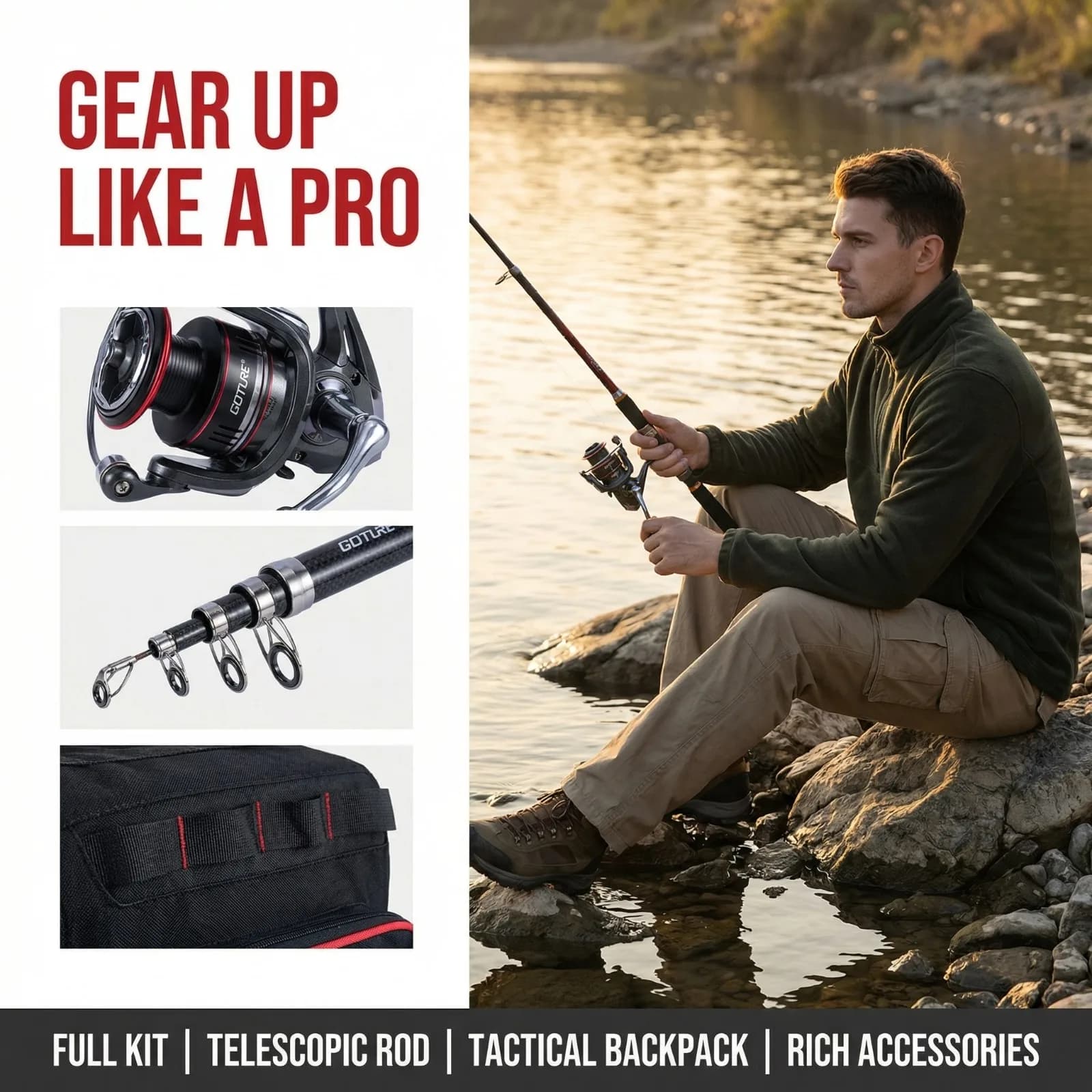 Set Completo Goture per Pesca con Canna e Mulinello, Borsa Porta Attrezzi, Guadino, Esche, Lenze, Utensili per Pesca in Acqua Salata e Dolce