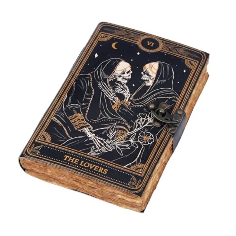 C Book of Spells Leather Journal Deckle Edge Paper Grimoire Printed Journal The Lovers Tarot Notebook Spiral Gothic Notebook Sk