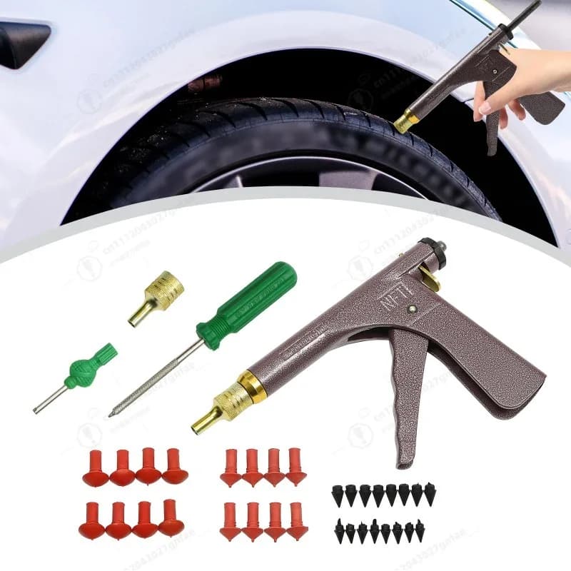 Kit di Riparazione Pneumatici Tubeless con Pistola per Riparazione Forature, Set per Auto, Moto, Scooter con Tappi a Fungo e Scatola