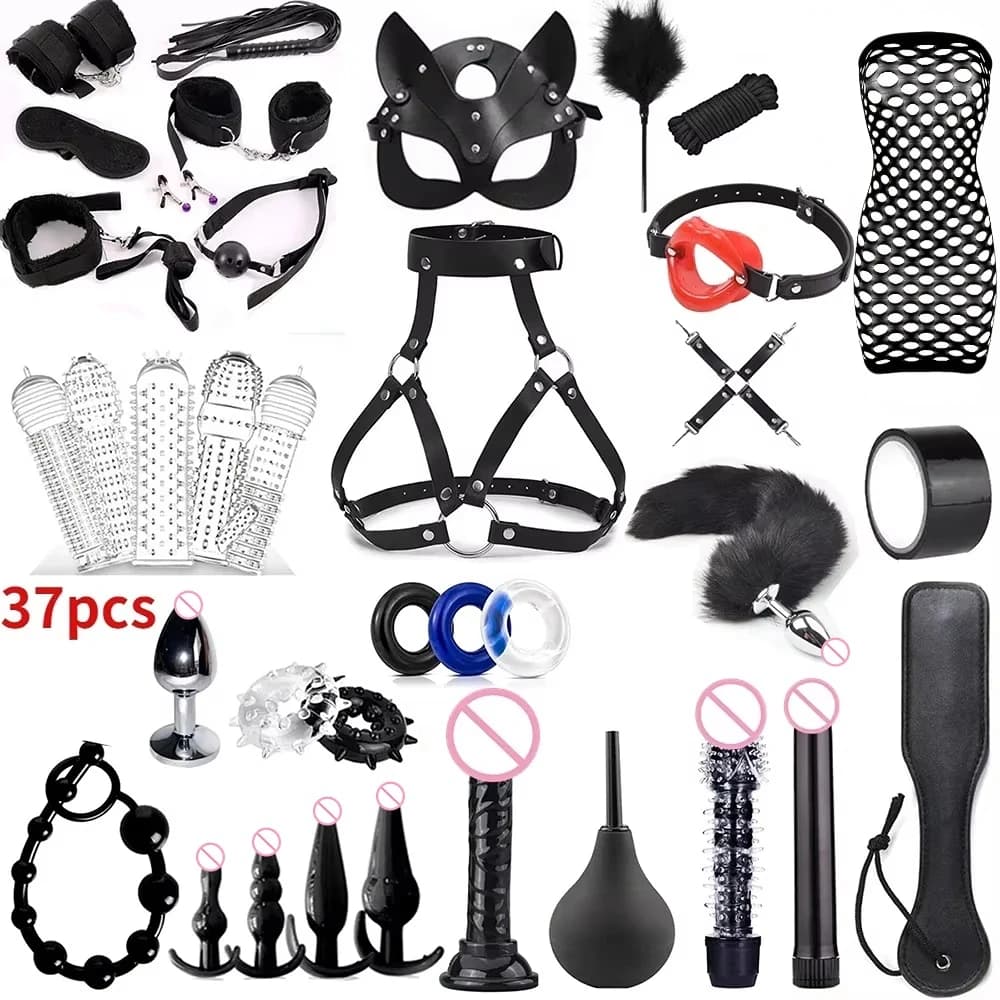 Set BDSM Bondage con Manette in Peluche, Frusta, Palline per la Bocca, Morsetti per Capezzoli, Giocattoli Sessuali per Coppie, Biancheria da Letto per Adulti