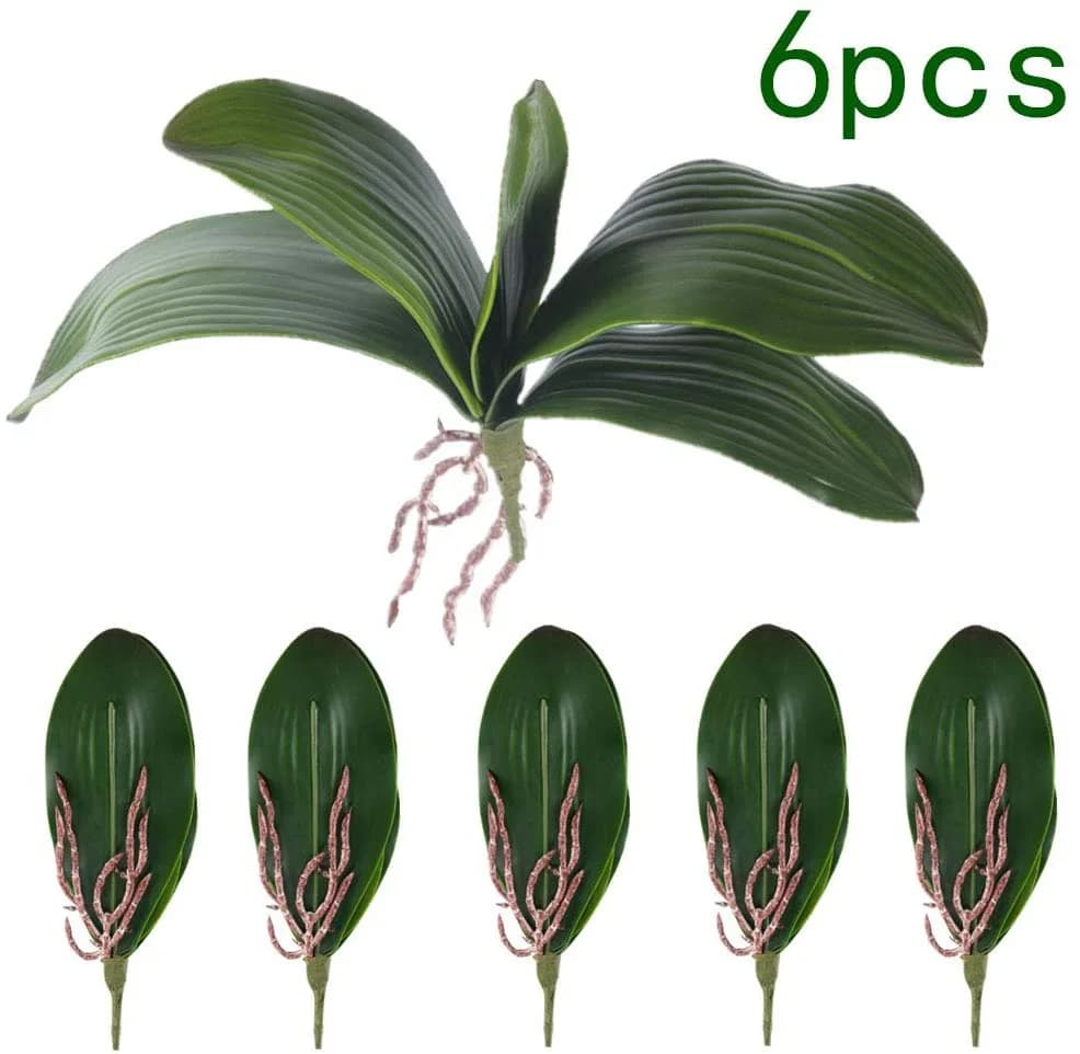 Orchidee Phalaenopsis Foglie Radici artificiali dall'aspetto reale Piante touch in lattice Disposizione di foglie finte verdi, 6 pezzi