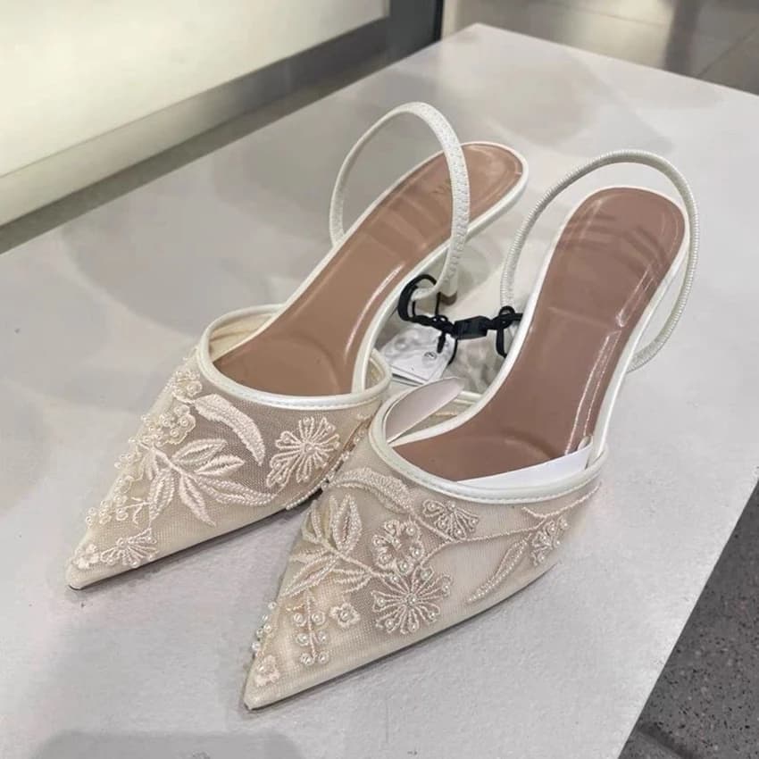 Brand Designer Mesh Embroidered White Women's High Heels Flower Straps Sexy Bareback High Heels Dress Women's Wedding Shoes