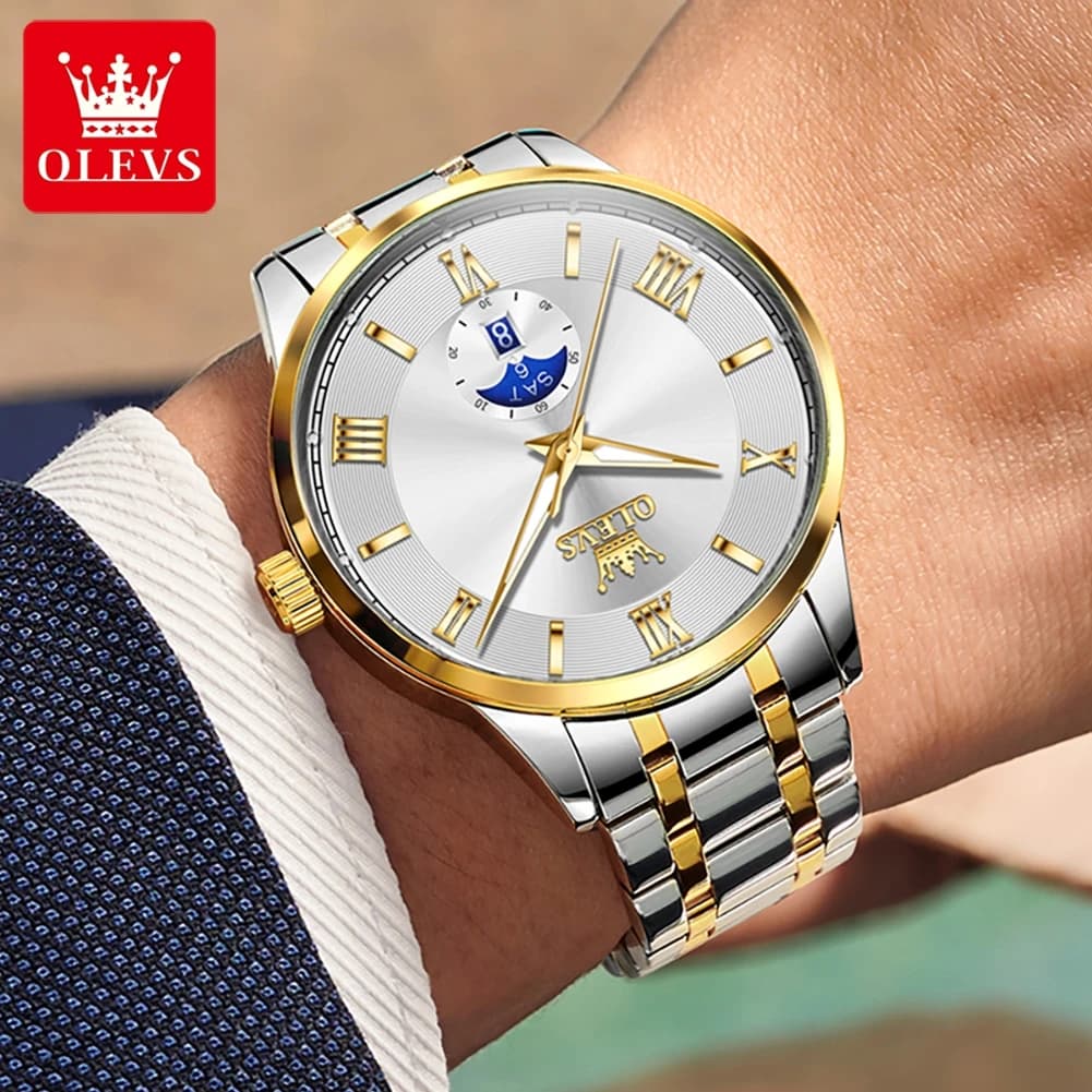 Orologio da Uomo OLVES di Lusso, Alta Gamma, al Quarzo, Moonswatch, Elegante e Casual, con Bracciale in Acciaio, Originale, Idea Regalo, Orologio da Polso