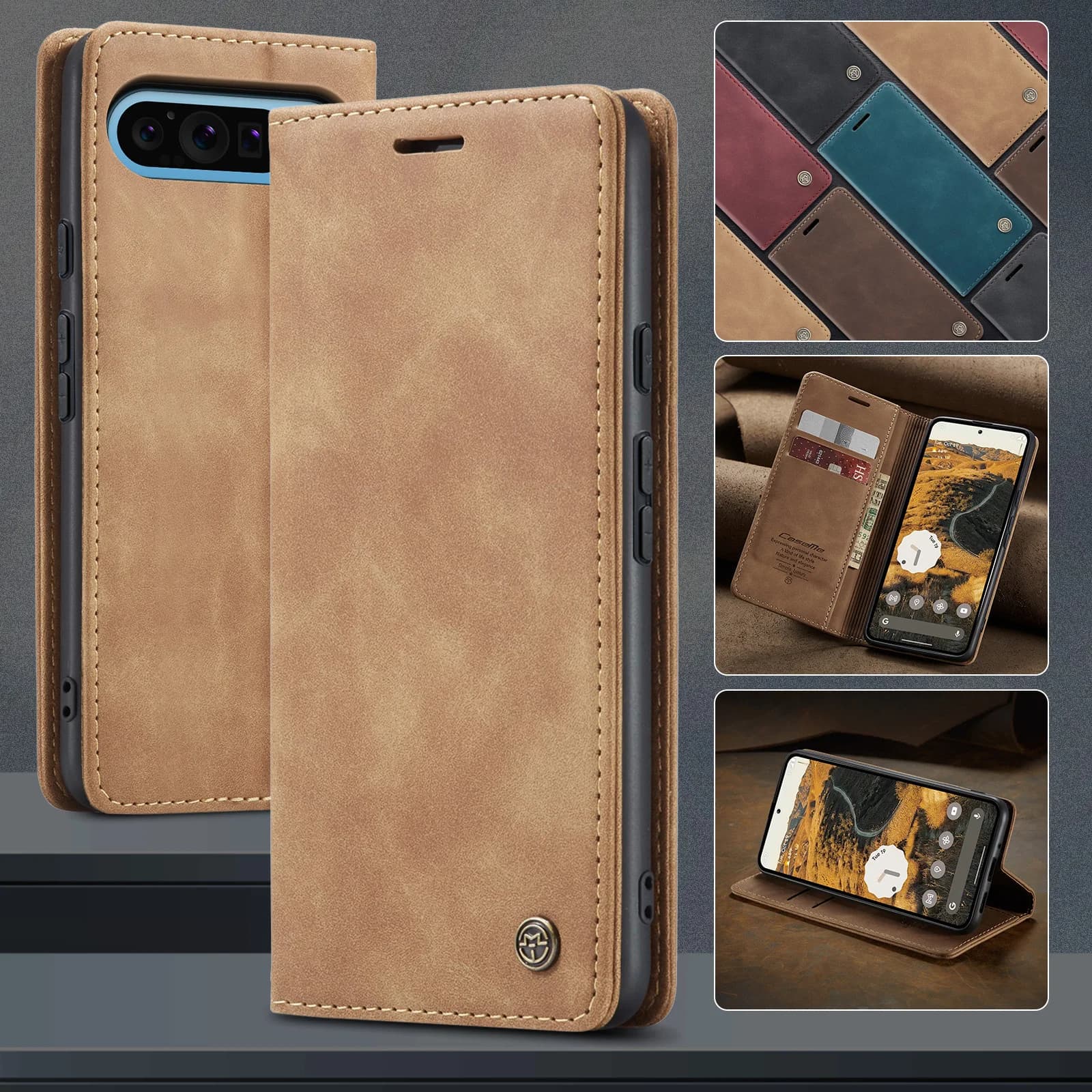 Business retro style leather phone case for Google Pixel 10 9 8 Pro XL 10A 9A 8A 7 5G, luxurious with magnetic closure and card slot, portfolio function