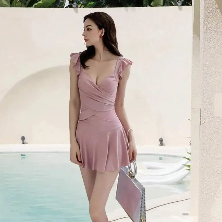 Costume da bagno push-up da donna con maniche a volant e gonna svasata