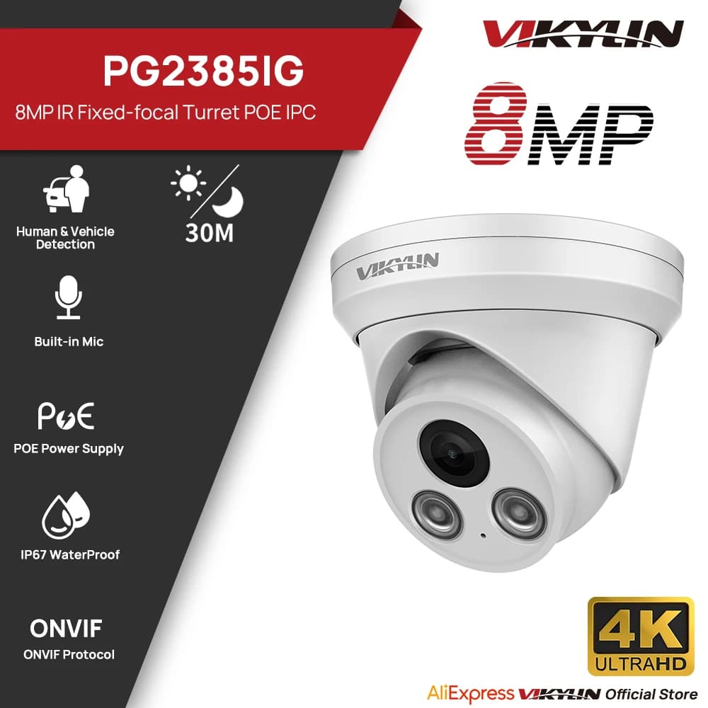 Telecamera IP Vikylin 8MP con Rilevamento Umano e Veicolare, Visione Notturna IR, Microfono Integrato, Onvif, per Videosorveglianza Esterna Domestica, IP67