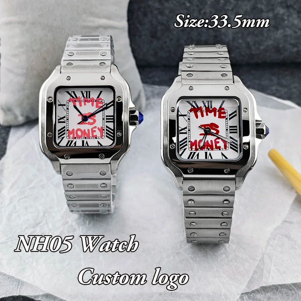 New NH05 Square Watch Time is Money Watch Ladies' Watch Customized Logo Watch Stainless Steel Watch NH05 Movement Watch