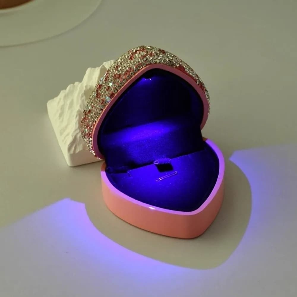 Scatola per Anelli con Luce LED a Forma di Cuore, Espositore per Gioielli, Confezione Regalo per Proposte, San Valentino, Compleanno
