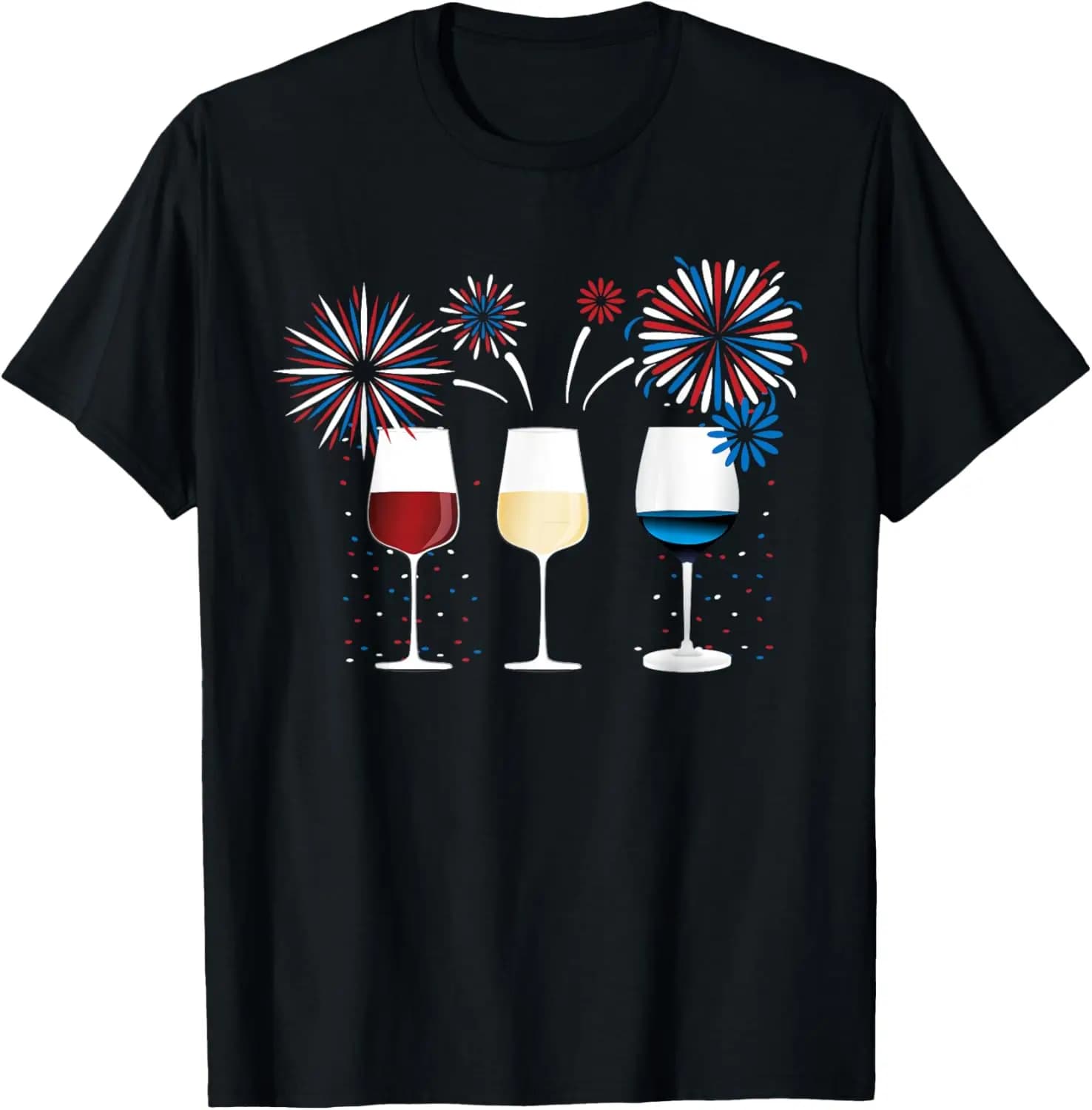 Divertente maglietta con bicchiere di vino Camicia rossa bianca e blu con fuochi d'artificio
