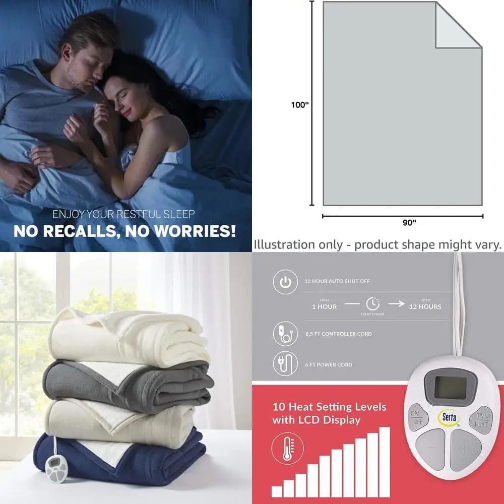 Coperta Elettrica Reversibile in Pile e Sherpa, Riscaldamento Automatico, Timer di Spegnimento Automatico, Impostazioni di Calore Multiple, Certificata ETL, Lavabile in Lavatrice, Nera