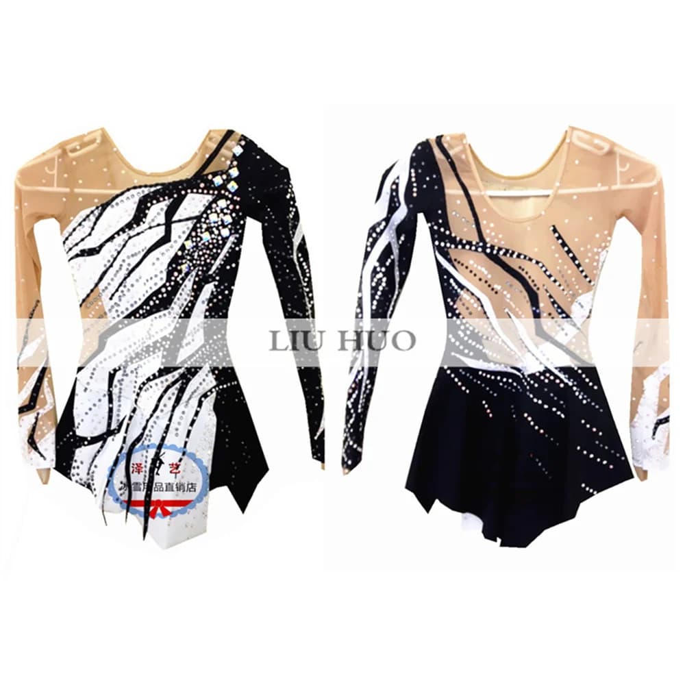 LIUHUO Pattinaggio di Figura sul Ghiaccio Vestito da Ragazza da Donna Concorso Girocollo Manica Lunga Nero Ginnastica Body Costume Danza Adolescenti Bambino