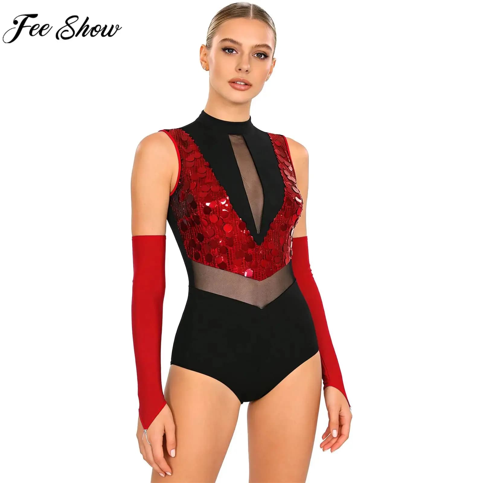 Body da ginnastica per pattinaggio di figura con paillettes lucide da donna, body senza maniche in rete trasparente con guanti, costume cha-cha per danza jazz latina