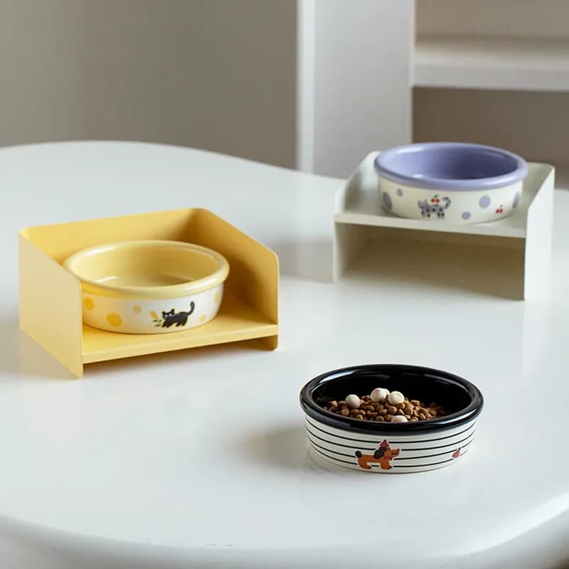 Cat Ceramic Bowl with Iron frame Height Adjustable Small Dogs Food Water Feeders Pet Drinking Eating Supplies