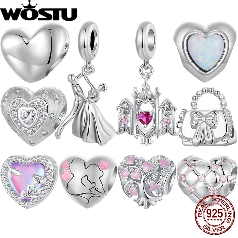 WOSTU 925 Sterling Silver Pink Heart Charms Amante Coppia Ciondolo da sposa Perline opale adatte per braccialetto originale Regalo di San Valentino fai da te