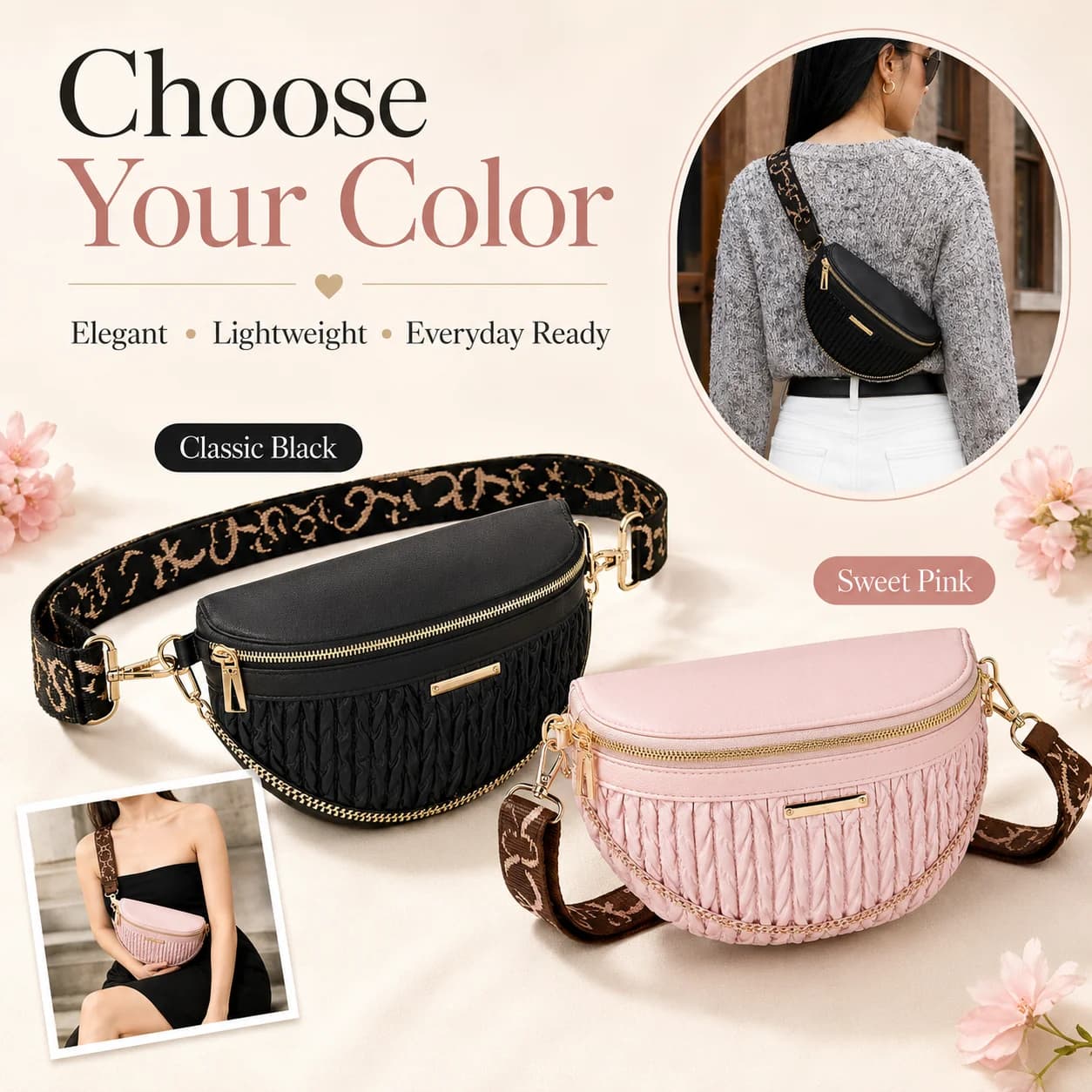 Women’s Woven Belt Bag, Crossbody Fanny Pack with Wide Adjustable Strap and Gold-Tone Chain Detail for Travel and Shopping