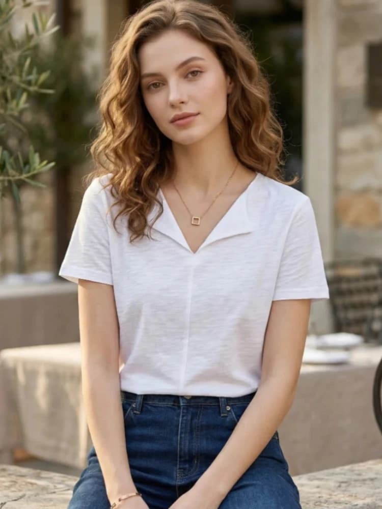 Zjaiss 2026 Nuova Collezione Estiva: T-Shirt da Donna Semplice, Casual, Slim Fit, Versatile, in Cotone Tinta Unita con Scollo a V e Maniche Corte