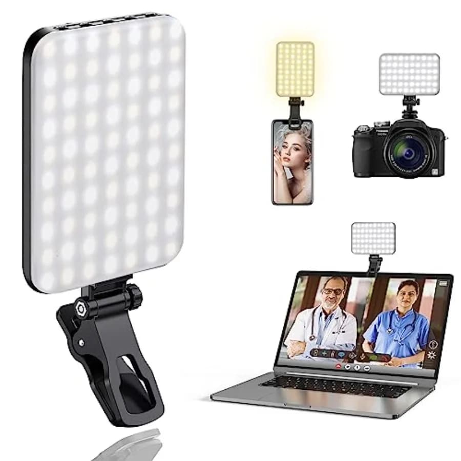 60 LED Portable Selfie Light Video Conference Lighting with Clip and Camera Tripod Adapter Rechargeable 2200mAh CRI 97+, 3 Ligh