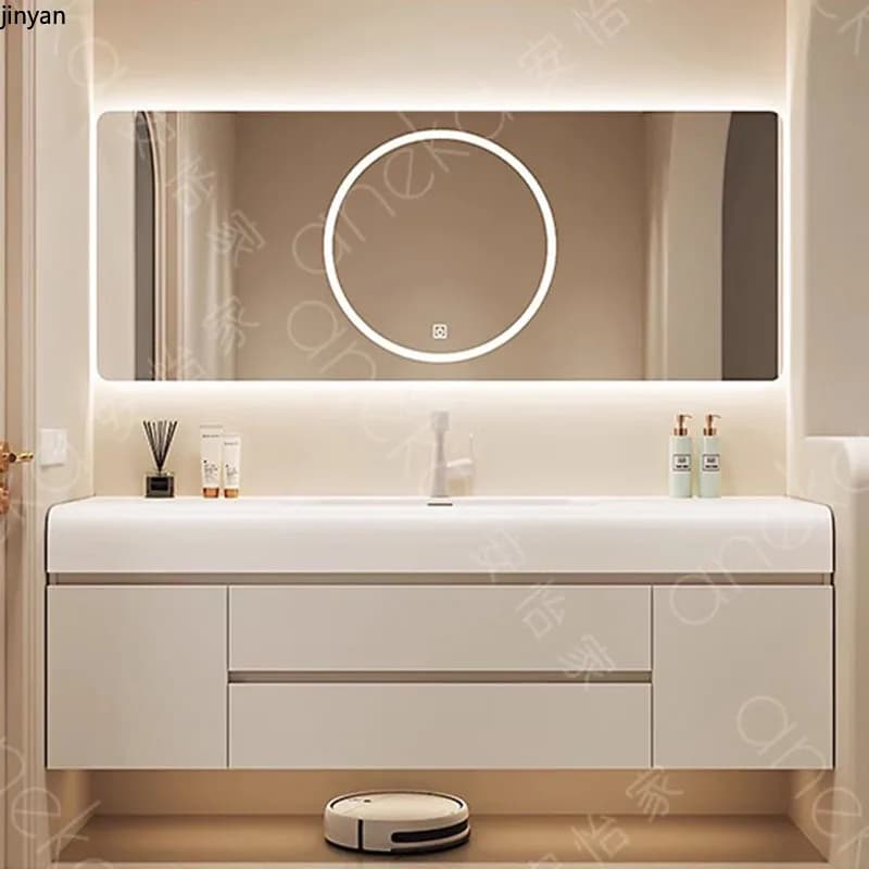 Mobile da Bagno Vintage con Specchio e Luci, Armadietto per Trucchi, Lavabo, Tavolo Console per Toilette, Arredamento per la Casa