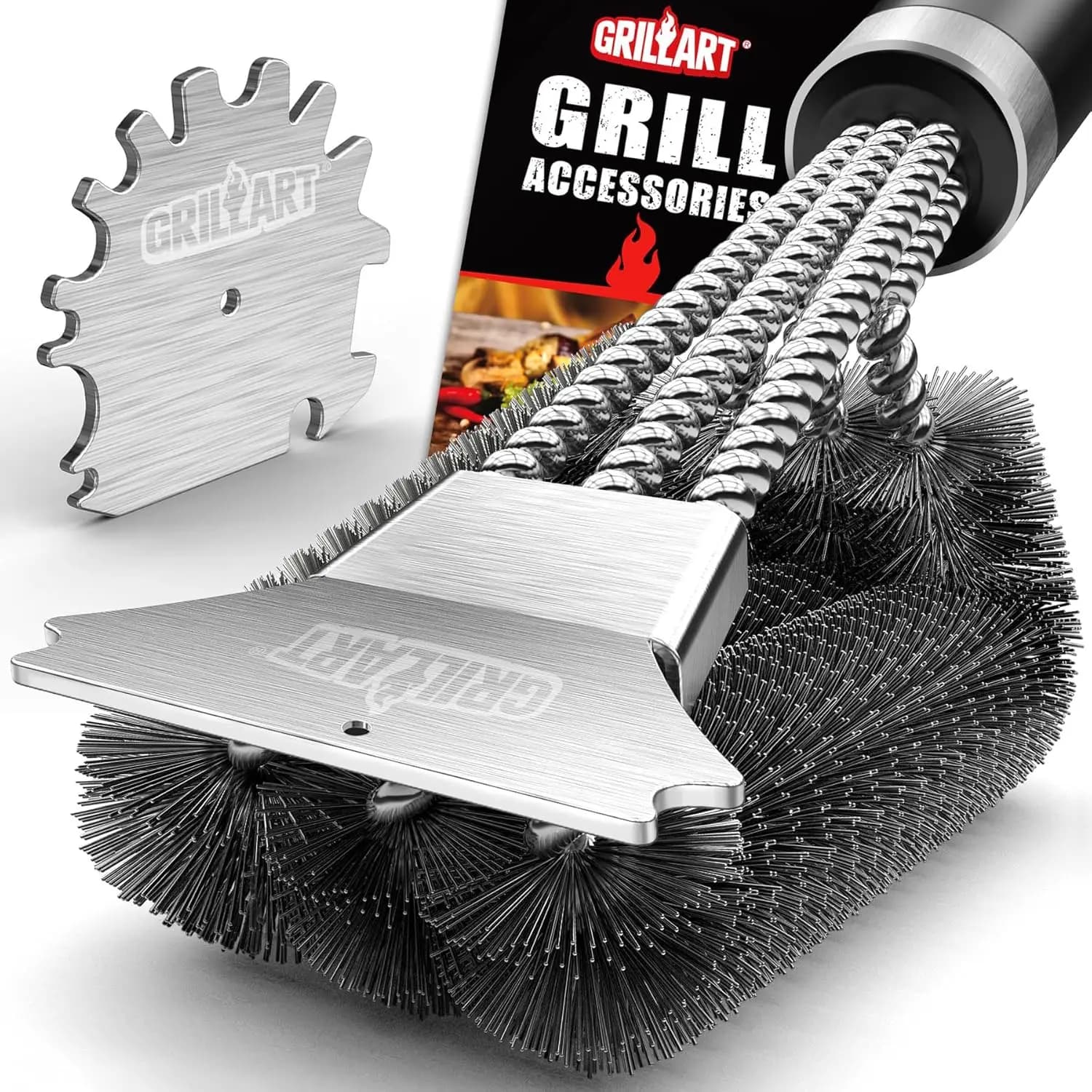 18-inch Barbecue Brush Kit, 3-in-1 Three-headed Brush with Scraper, Fit Universally All Grills, Quick Cleaning Tool
