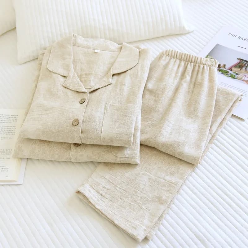 Set Pigiama Jacquard per Coppie in Cotone Lino Testurizzato, Abbigliamento da Notte Minimalista Stile Giapponese, Completo Loungewear 2 Pezzi