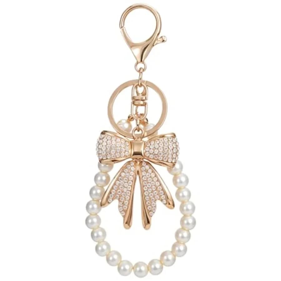 2 Pezzi Portachiavi con Fiocco in Strass Bianchi, Catene di Perle Imitazione, Ciondoli Scintillanti a Fiocco per Borse, Zaini e Borsette