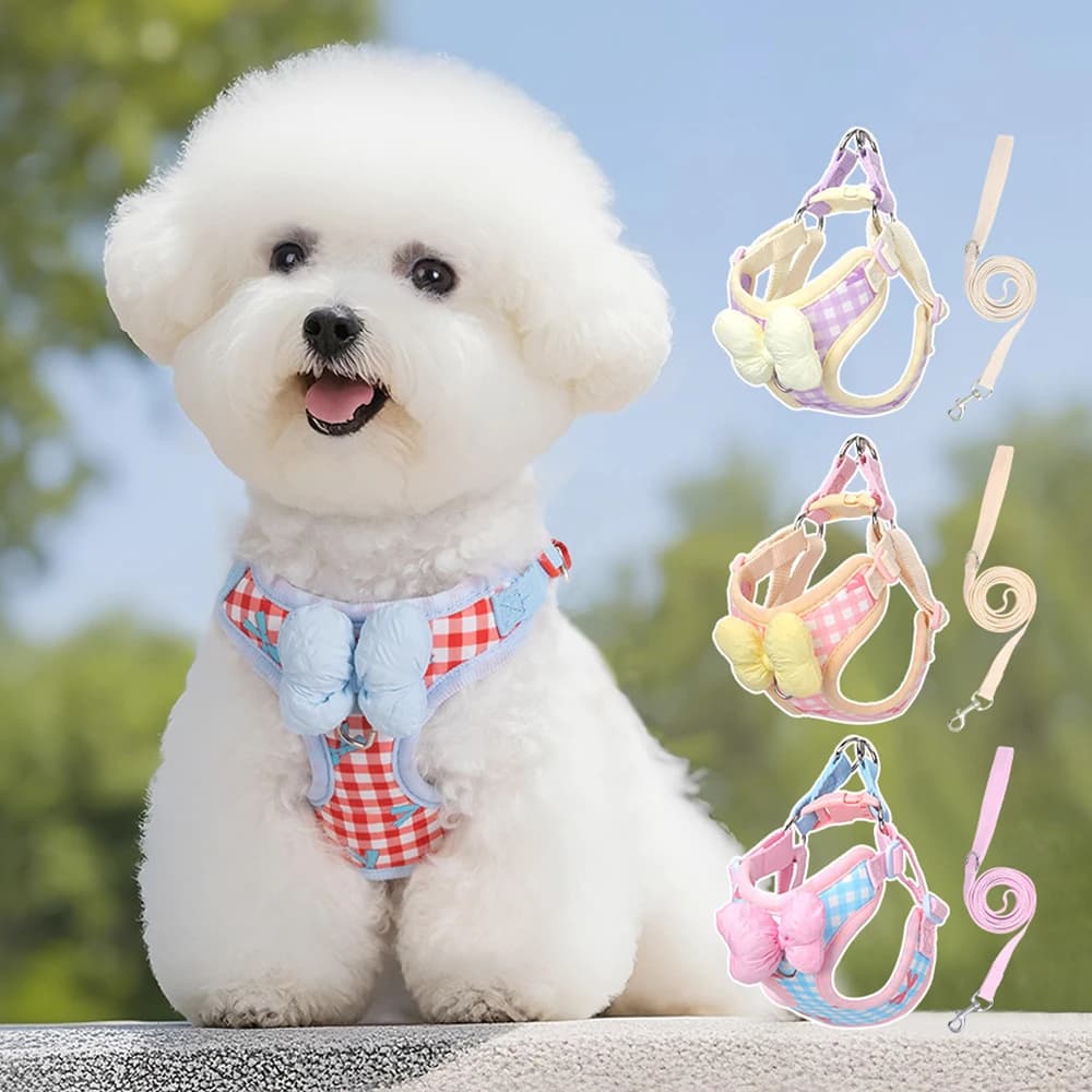 Dog Harness With Leash Set Sweet Bow Checked Adjustable Harness For Small And Medium Dog Puppy Cat Outdoor Walking