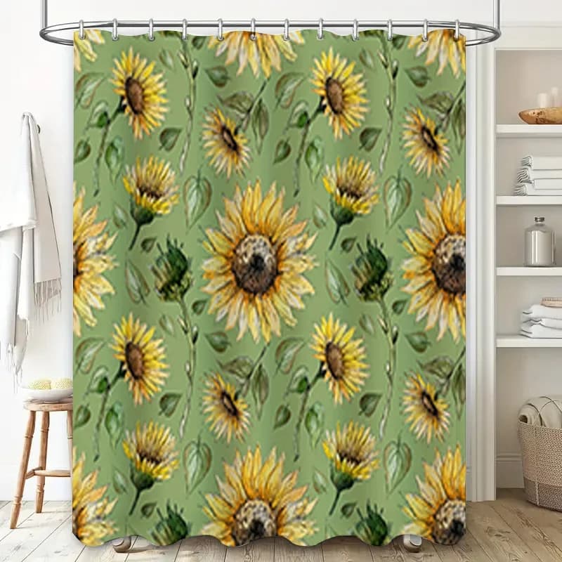 Tenda da doccia stampata girasole Sfondo verde con fiori gialli per l'arredamento del bagno personalizzabile