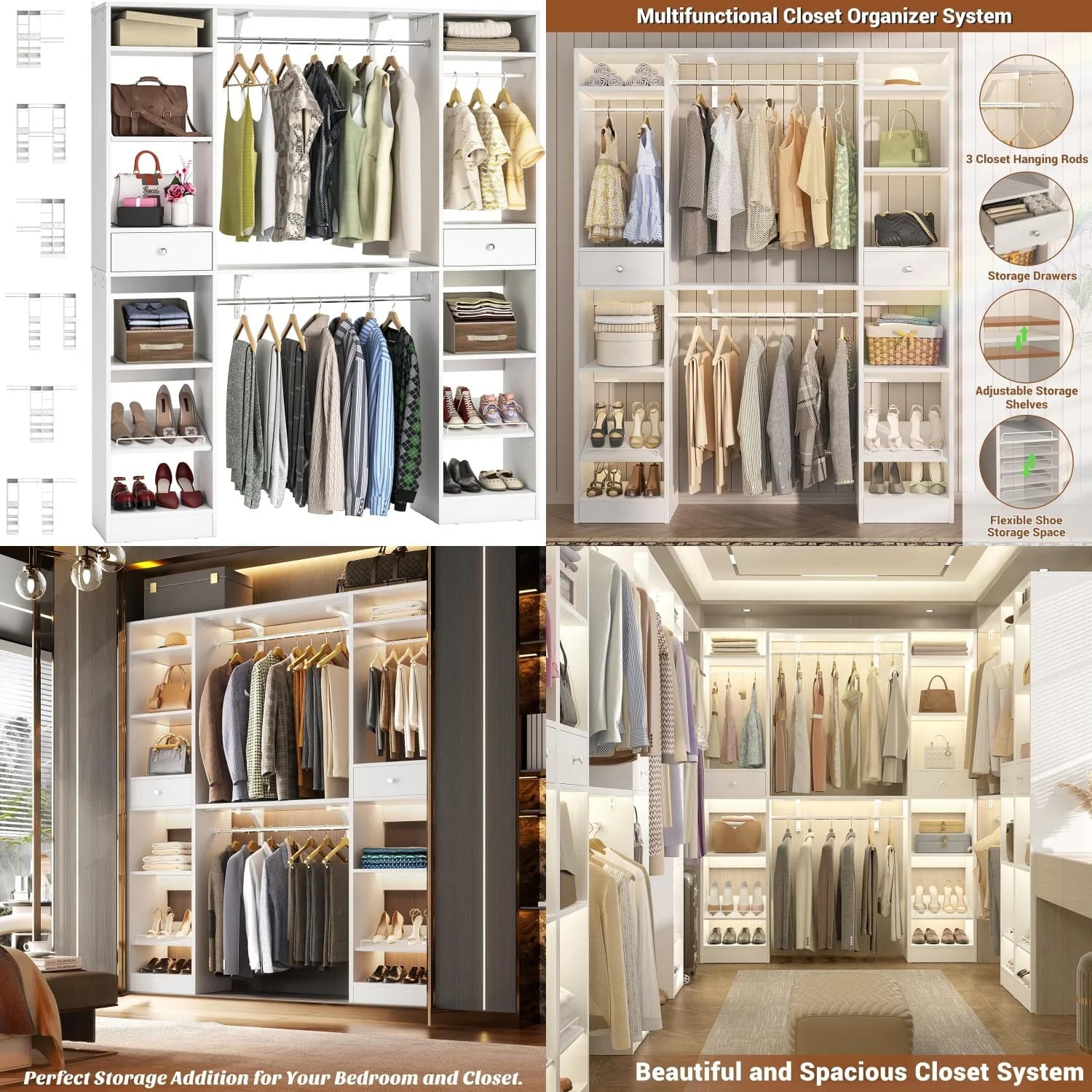 Organizzatore per Armadio 58-90 Pollici con 3 Aste, Ripiani, 2 Cassetti, Scarpiera in Legno Resistente, Reversibile, Bianco, Personalizzabile