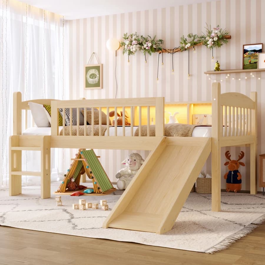 Twin Loft Bed with Storage Shelves, Solid Wood Lower Loft Bed with LED Lights and Full-length Guardrails, No Box Spring Needed,