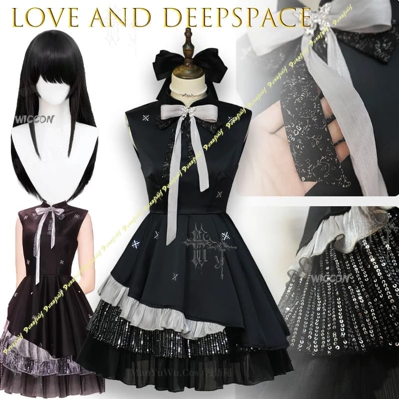 Love And Deepspace MC Colorful Prelude Night Receipt Black Dress Couple Cosplay Costume Dark Lord Gothic Lolita Striped Party