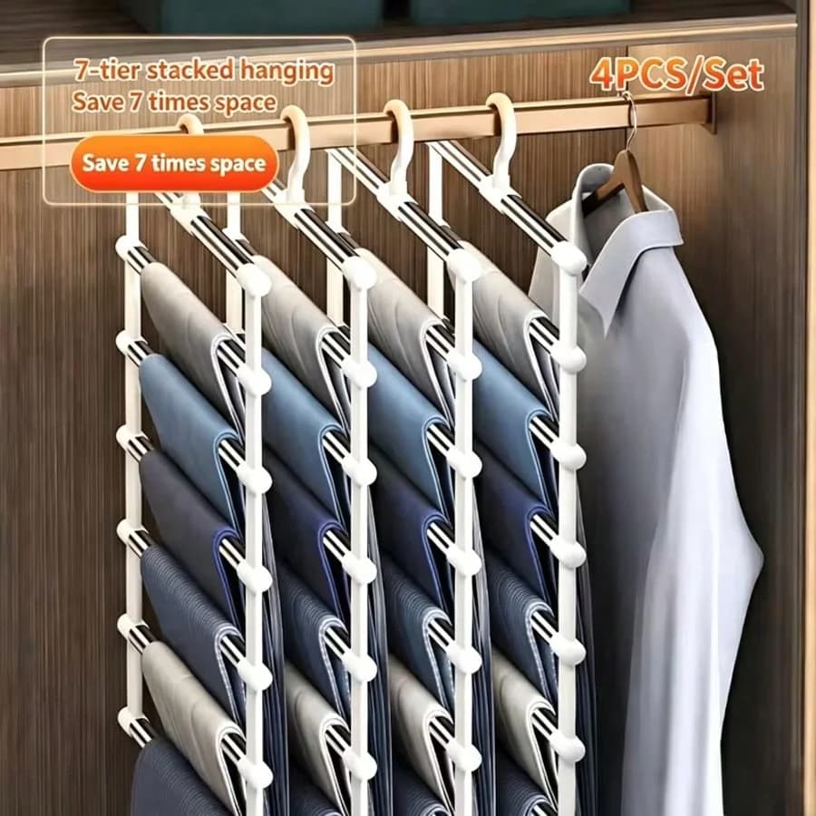 4Pcs Foldable 7-Layer Plastic Pants Hanger Non-Slip Wardrobe Storage Rack Space Saving Organizer for Jeans Leggings Scarves Clothes