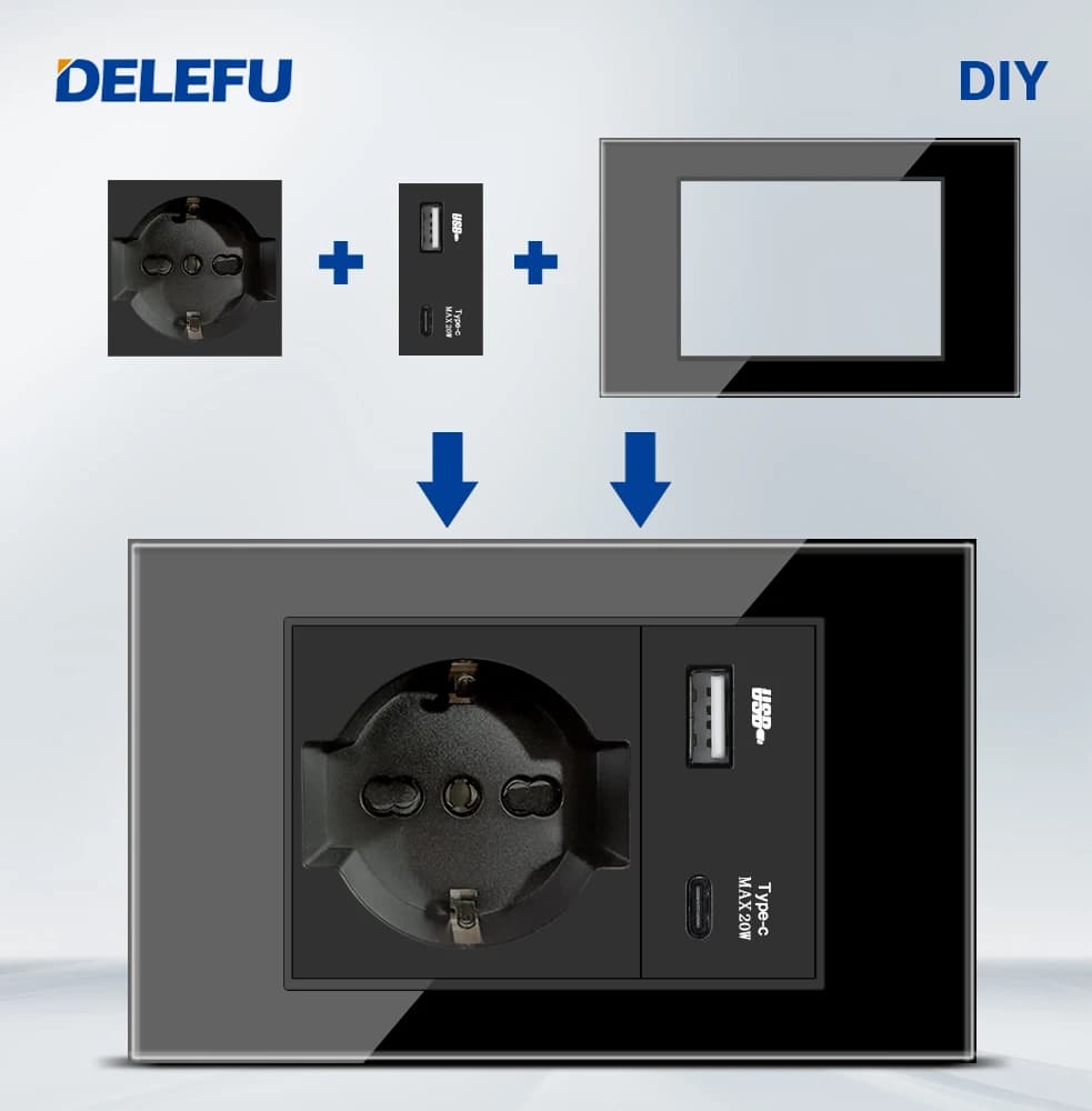 DELEFU Presa Italiana Lavagna FAI DA TE USB Tipo C Interruttore Campanello 45A 20A Tenda Telefono CAT5 TV HDMI SAT Smart Nero
