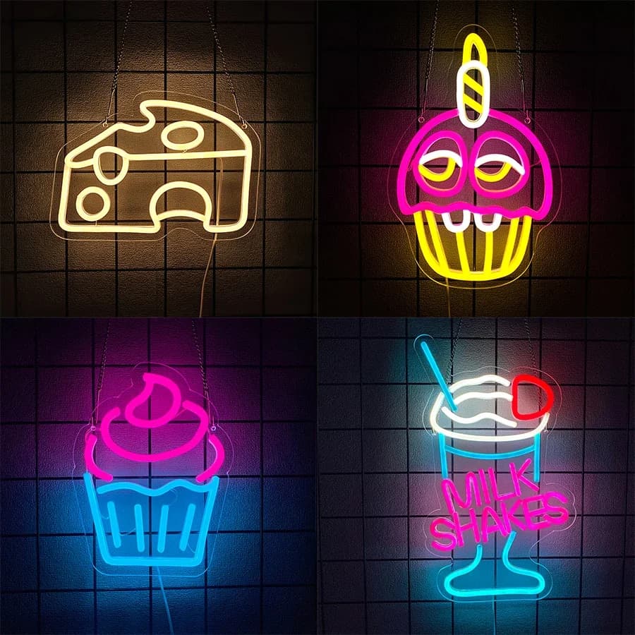 Bar Neon Appeso a parete Insegne della serie Dessert Decor Formaggio e torta Lampade alimentari Icone Negozi Ristoranti. Accessori per barbiere artistico