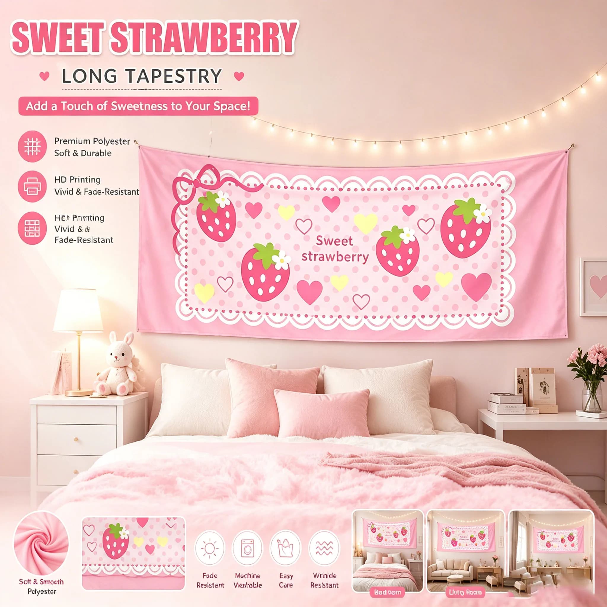 Sweet Pink Strawberry Long&Large Tapestry Polka Dot Wall Hanging Cute Kawai Background Cloth for Bedroom Dorm Aesthetic Decor