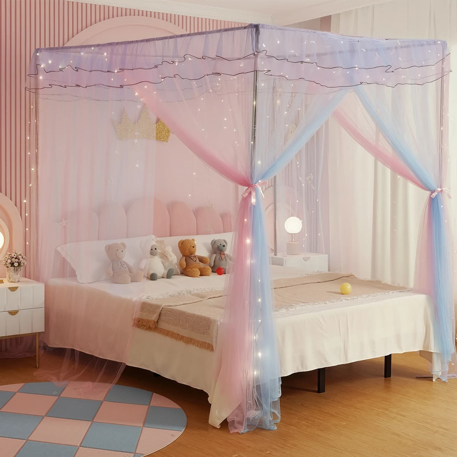 Double Bed Tents with Lights, Princess Girl's Bedroom With Bright Stars For Bed Decoration 4 Corners