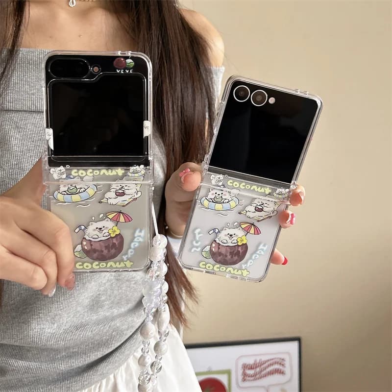 Custodia per telefono Kawaii Puppy Coconut per Samsung Galaxy Z Flip 7 6 5 4 3 Flip6 Flip5 Flip7 Cover con cerniera Custodie rigide con catena a mano