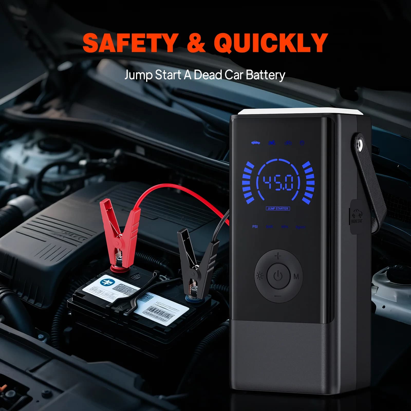 4-in-1 Car Jump Starter 150PSI Portable 12V Battery Booster Tire Inflator Emergency Power Bank Starter
