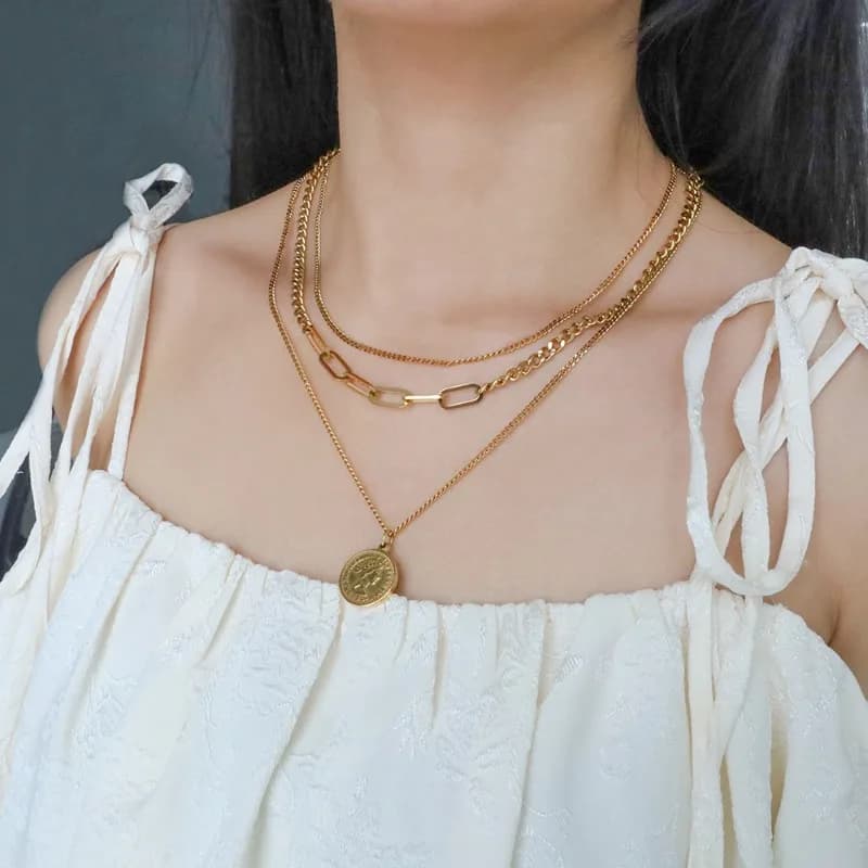 Women's Necklace with Round Pendant Multilayered Steel Titanium Style French Vintage, 18k Gold Plated, Hot Sale